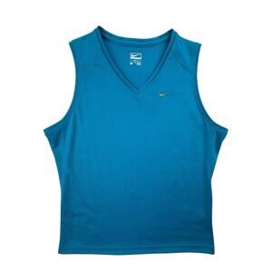 Vtg Nike Performnce Tank Top Women Medium Blue V-Neck Embroidered Swoosh